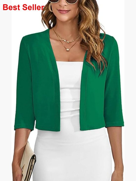 Sweaters - Thin Shrugs 3/4 Sleeve Lightweight Cropped Open Front Cardigan